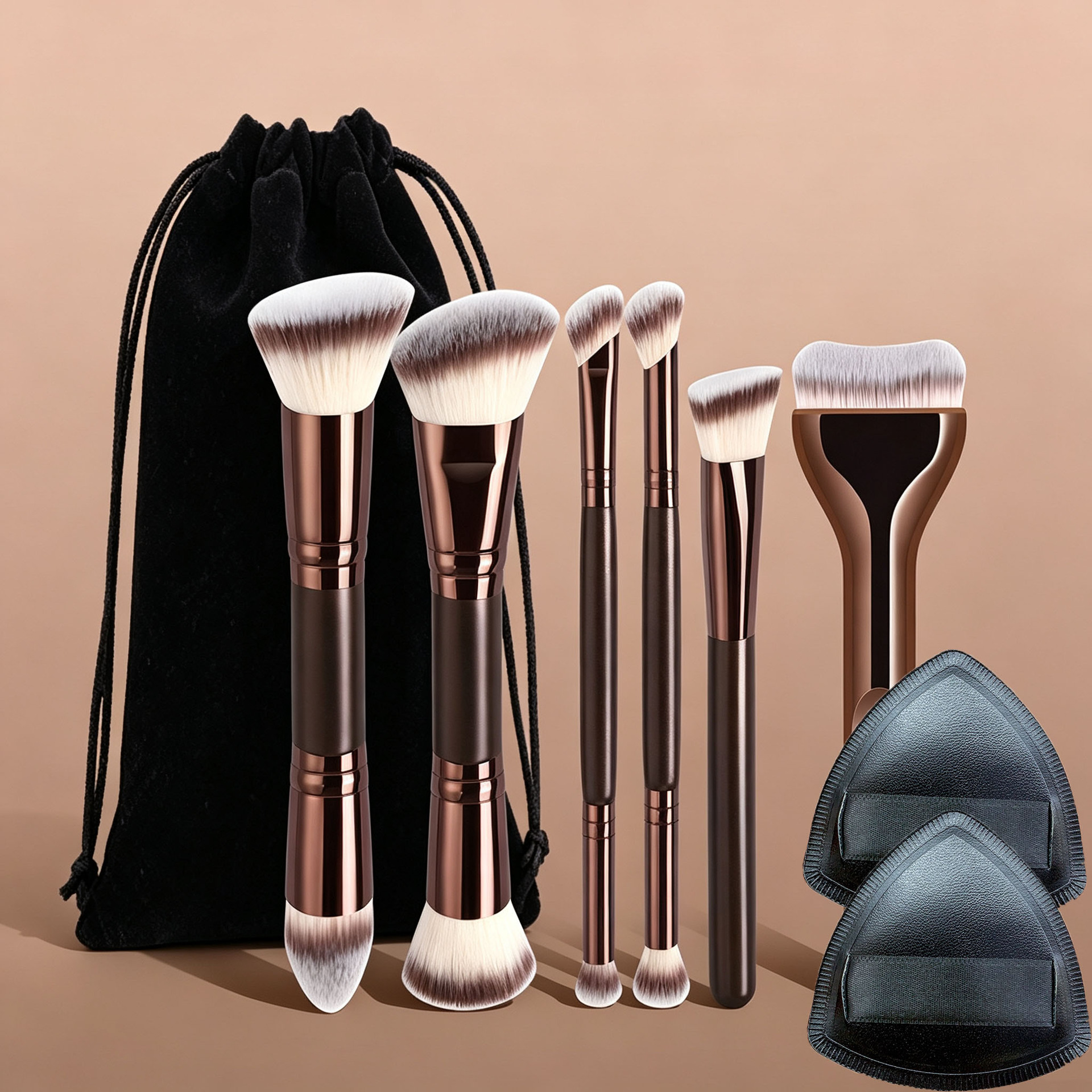 Coffee brown senior suit 4 pieces/5 pieces/6 pieces double head cover brush small pillow no trace foundation make-up brush triangle concealer brush - Image 2