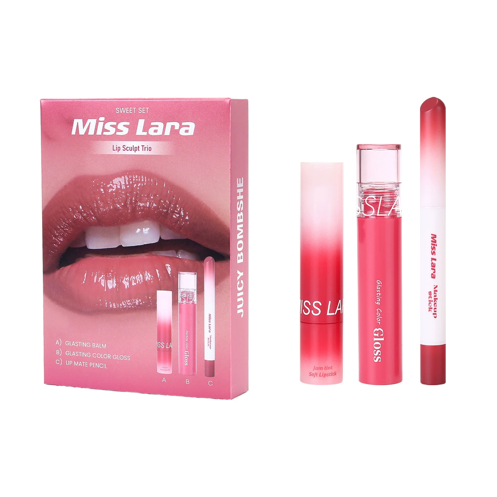 Lip enriching three piece set of gloss jelly lipstick lip glaze lipliner box