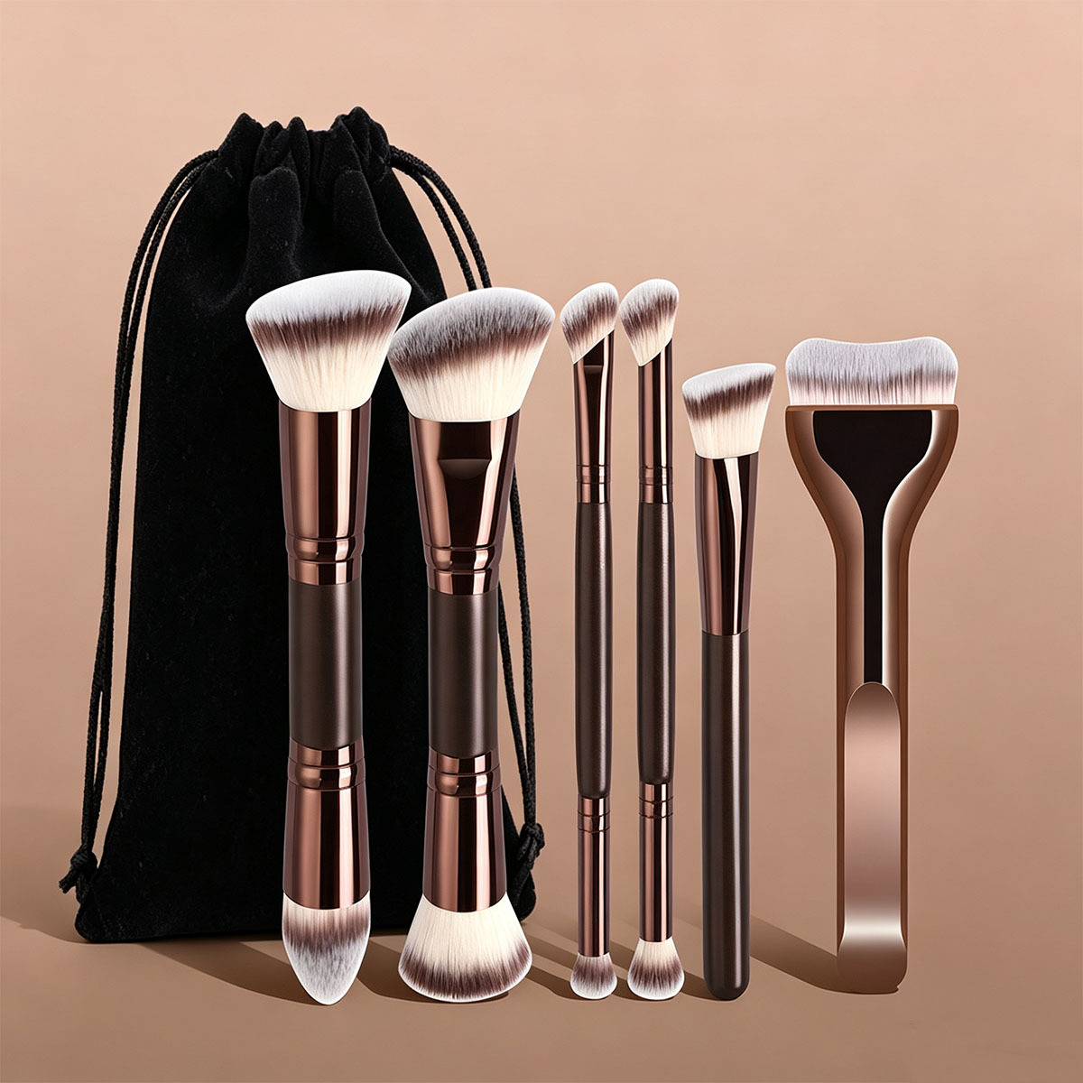 Coffee brown senior suit 4 pieces/5 pieces/6 pieces double head cover brush small pillow no trace foundation make-up brush triangle concealer brush - Image 3
