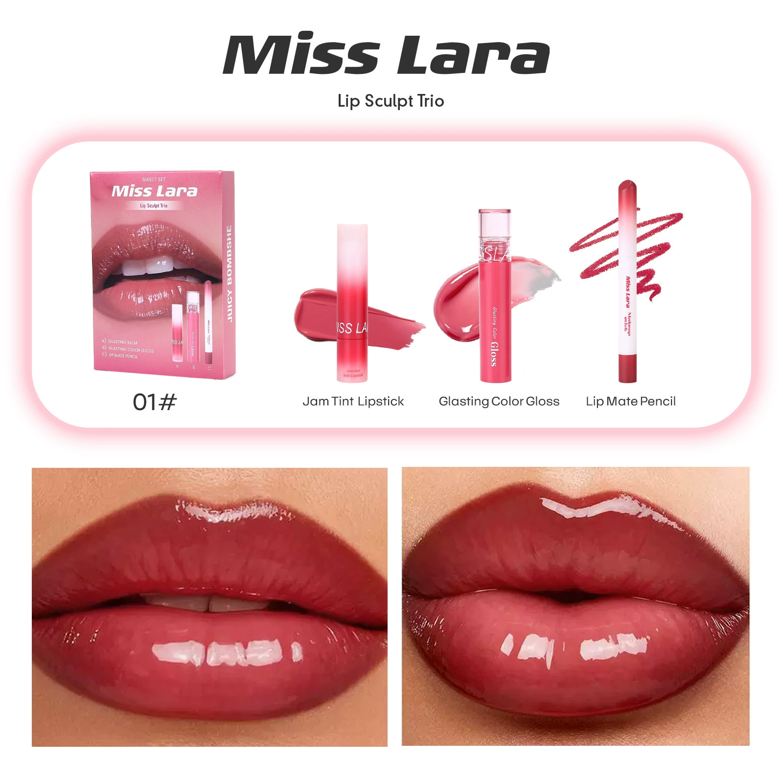 Lip enriching three piece set of gloss jelly lipstick lip glaze lipliner box - Image 2