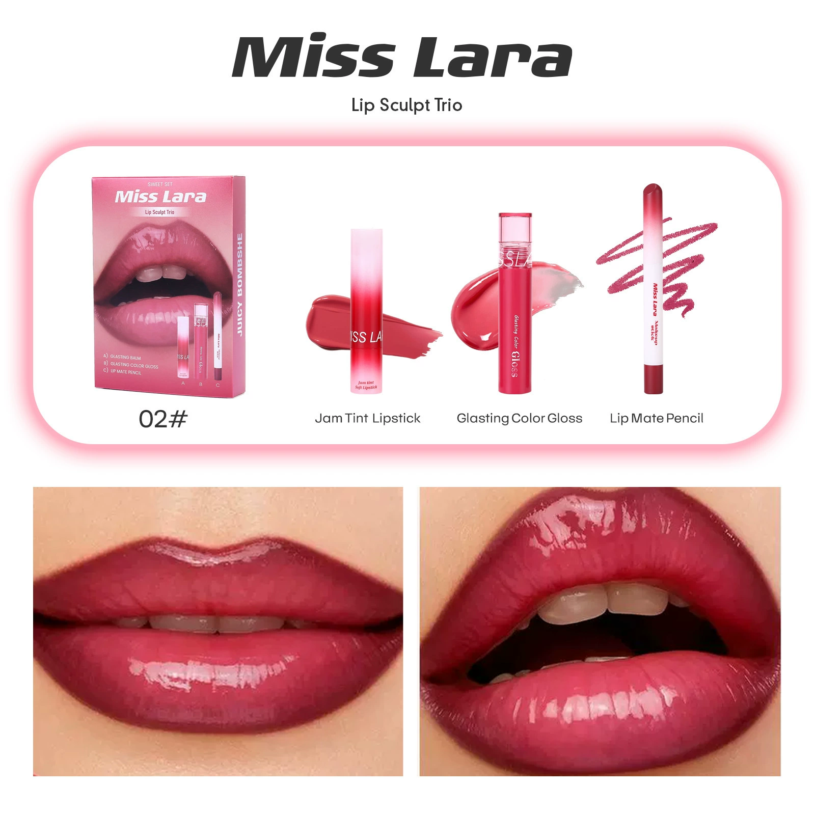 Lip enriching three piece set of gloss jelly lipstick lip glaze lipliner box - Image 3