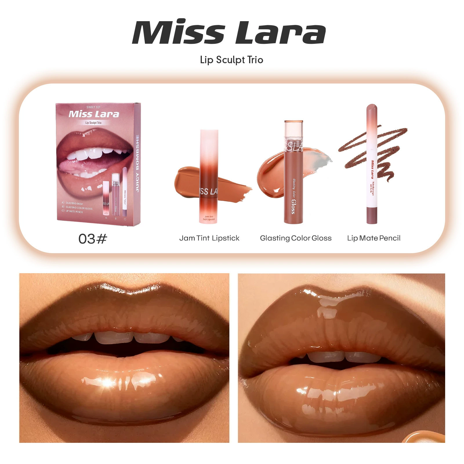 Lip enriching three piece set of gloss jelly lipstick lip glaze lipliner box - Image 4